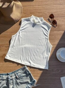 Comfortcana Plus Size Solid Color Self-Heating Ribbed Turtleneck Casual All-Match Vest White Sleeveless Top White Crop Top High Neck Top White Ribbed Top Sleeveless Turtleneck