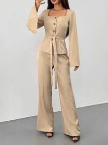 Chiquease Women's Elegant Square Collar Split Ruffle Sleeve Tie Waist Blazer & Pants Suit Set,Khaki Summer Elegant Work Formal Fall Two Pieces Suit Set Cloth - Khaki - View 6