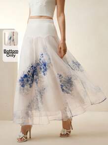 Anewsta Women's Woven Fabric Maxi Skirt In White With Blue Floral Print - Multicolor - View 1