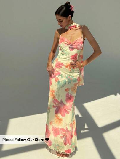 Aloruh Nuevo vestido con cuello drapeado sexy con espalda descubierta, estampado de malla con flores románticas y tirantes extra largos