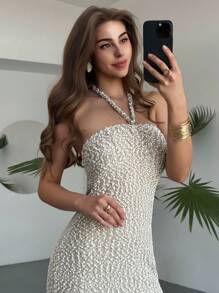 Aloruh Váy thun chấm bi buộc lưng không dây sequin phong cách cổ điển mới, trang phục mặc đi nghỉ dưỡng - Màu Khaki - Xem 3