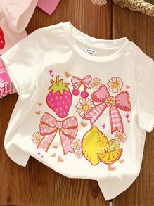 SHEIN Bộ 3 áo thun tay ngắn cổ tròn tối giản cho bé gái, phù hợp cho mùa xuân/hè - Nhiều màu - Xem 3