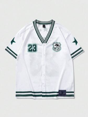 Prep Camisa tipo cardigan de manga corta con malla perforada deportiva y estilo universitario para hombres