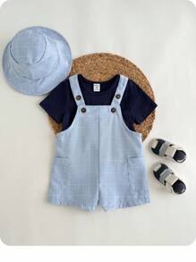 3pcs Baby Boy Casual Holiday Knit Blue T-Shirt, Plaid Overalls, Suspender Pants, Sun Hat Set, Suitable For Birthday Party, Banquet, Performance, Wedding, Month Celebration, Baptism And 1st Birthday, Baby Shower Event - Multicolor - View 3