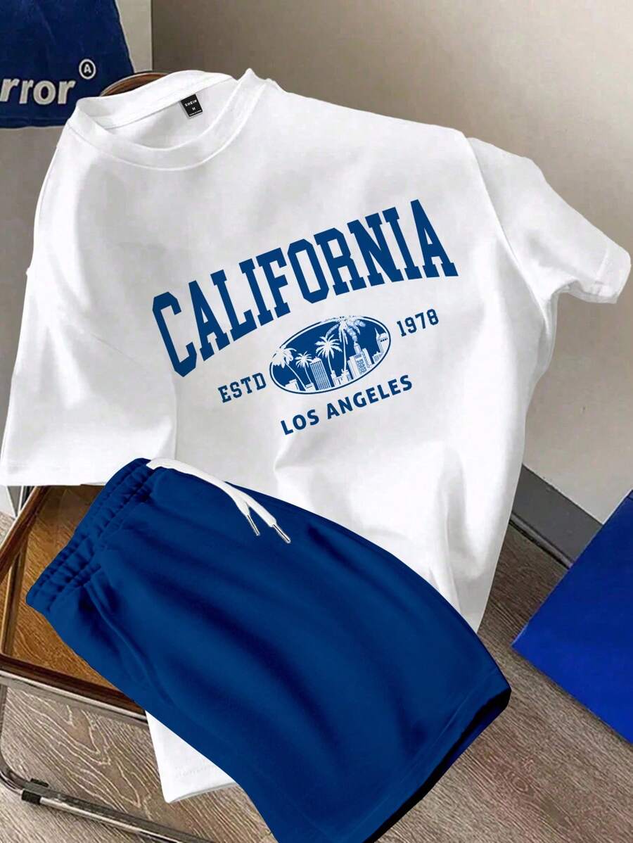 Manfinity Joysei Men's Fitted Knit Top And Woven Shorts Set, Casual Minimalist California Slogan Pattern, Drawstring And Elastic Waist Design, Cozy Outfits