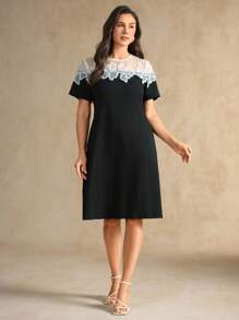 Flouryn Gaun Hitam Kasual Wanita Ukuran Besar dengan Motif Bunga Renda dan Jala, Cocok untuk Wanita Kenakan di Musim Panas, Musim Semi/Musim Panas/Musim Gugur - Hitam - View 6