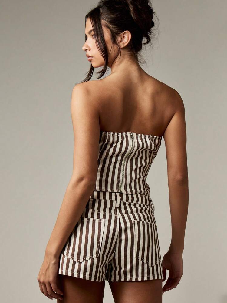 MISSGUIDED Denim Strapless Bandeau Top Summer Vertical Striped Brown White Classic Retro Style Y2K Tube Top Festival Slim Fit Cotton Blend