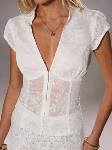 TRNVIE 1pc Women's White Fashion Vacation Embroidered Waist Cinched Deep V-Neck Short Sleeve Bohemian Style Summer Blouse,Fall Clothes For Women ,Boho Party - White - View 3