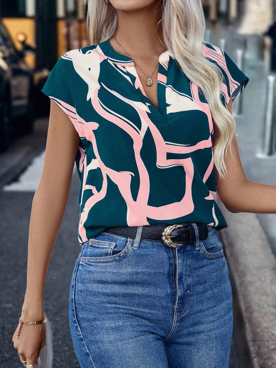 SHEIN LUNE Graphic Print Notched Neck Batwing Sleeve Blouse,Short Sleeve Tops - Multicolor - View 1