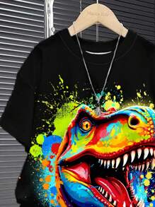 SHEIN Bộ 2 bộ đồ thường ngày cho bé trai tuổi teen, khủng long hoạt hình, thời trang đường phố Y2K, họa tiết graffiti tay ngắn cổ tròn, thích hợp cho mùa hè - Nhiều màu - Xem 3