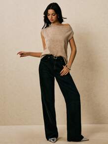 Poéselle 女式纯色不对称领口休闲针织上衣，夏季 - 卡其色 - 查看 4