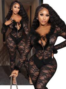 BamGleam Damski, półprzezroczysty, koronkowy kombinezon z długim rękawem i ozdobnymi piórkami, odpowiedni na lato i jesień - Czarne - Zobacz 1