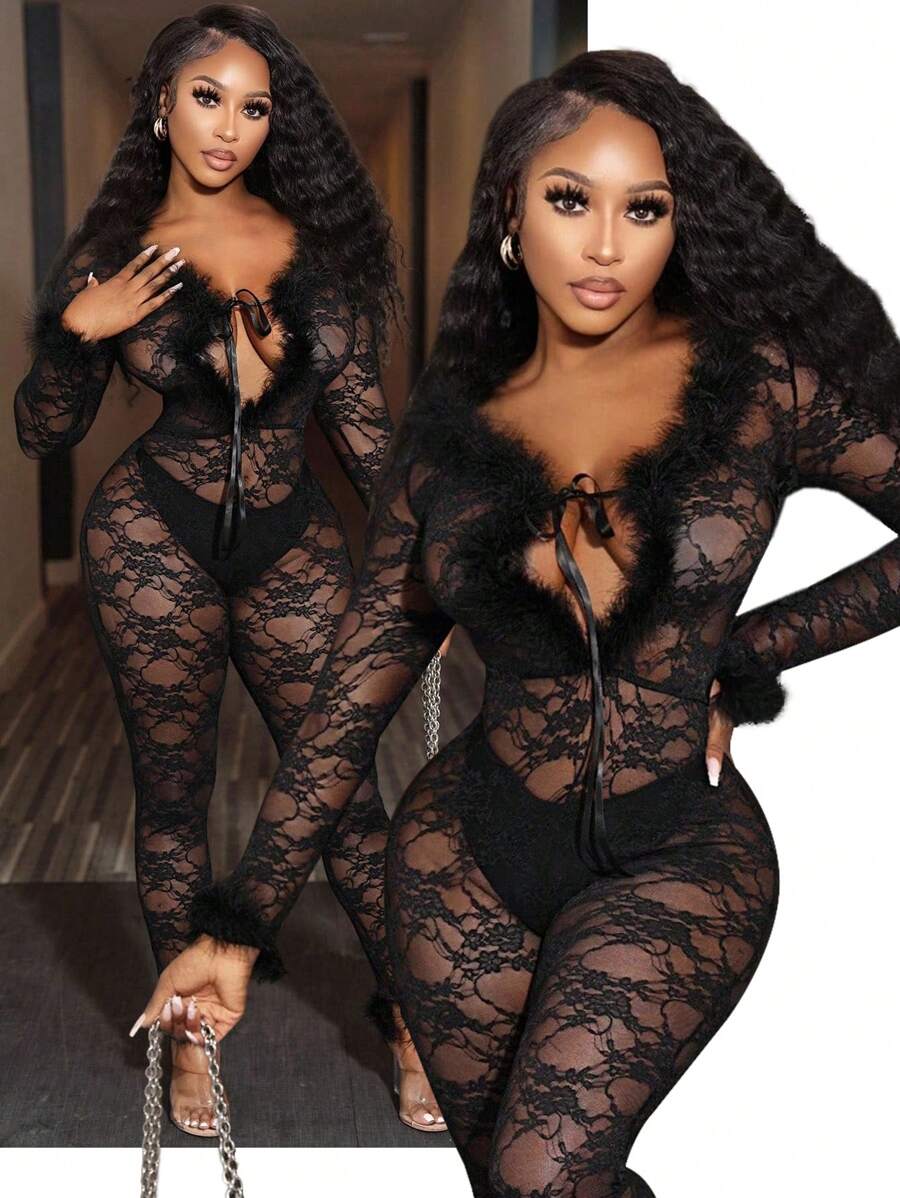 BamGleam Damski, półprzezroczysty, koronkowy kombinezon z długim rękawem i ozdobnymi piórkami, odpowiedni na lato i jesień - Czarne - Zobacz 1