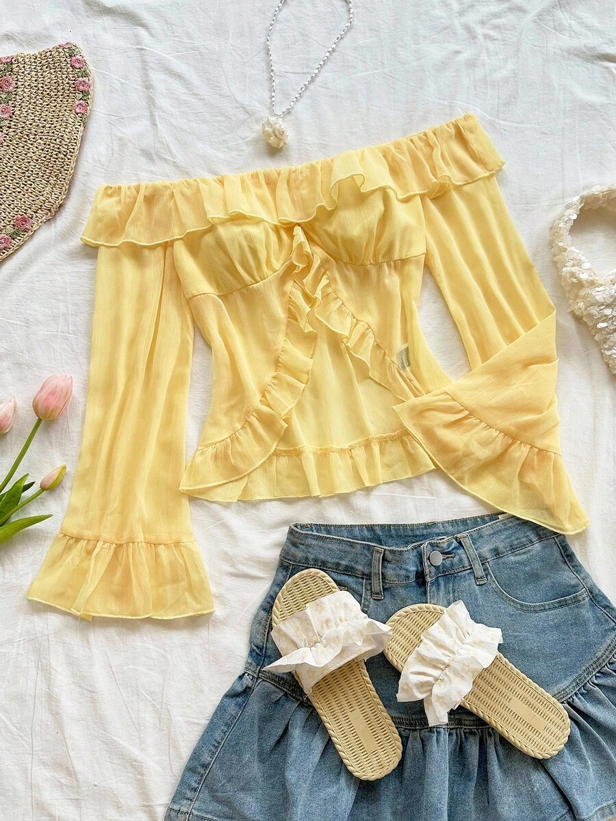Soleia Women's Holiday Cream Yellow Chiffon Crinkle Fabric Off Shoulder Ruffle Trim Long Sleeve Blouse, Suitable For Holiday Dates, Afternoon Tea, Island Getaways, Beach Vacations, City Trips, Boho Vacations, Music Festivals Yellow Off The Shoulder Top Ruffle Tops Yellow Ruffle Top Ruffle Blouse Yellow Top Yellow Blouse Ruffle Sleeve Top Chiffon Top Women Yellow Blouse Off Shoulder Top ,Elegant Women's Blouses Yellow Blouses Cute Yellow Top Summer Tops Yellow - Yellow - View 1