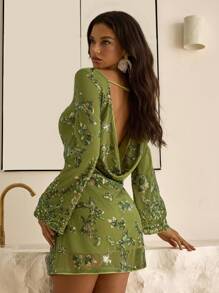 Vowa 性感长袖串珠刺绣露背荷叶边迷你连衣裙，适合舞会、音乐节、节日、夏季派对等正式场合 - 墨綠色 - 查看 1