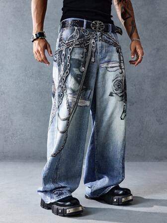 Street Life Jeans anchos de moda callejera suelta con estampado de cadena para hombres