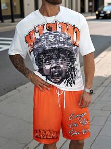 Manfinity LEGND Manfinity Streetrush Men's Plus Size Summer Fashion Portrait Graphic Short Sleeve T-Shirt And Shorts Set, Streetwear - Multicolor - View 3