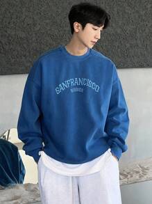 DAZY Men's Autumn Letter Embroidery Pullover Baggy Sweatshirt - Blue - View 2