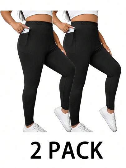 SHEIN Essnce Plus Size Women's Summer Capri Pants, 2 Pieces Of Leggings, Black Leggings With Pockets, Yoga Fitness Pants, Comfort Leggings,Fall Clothes For Women Fall Clothes Lounge Sets For Women Joggers