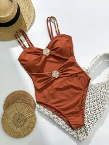 Swim Chiccia Swim Chic 女士纯色细肩带金属装饰镂空海滩度假连体泳衣 - 鏽棕色 - 查看 3