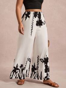 SHEIN VCAY Quần ống rộng in hoa giản dị cỡ lớn - Xám - Xem 3