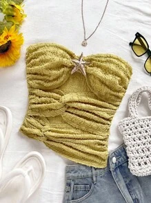 Soleia 女士度假白色针织纹理面料修身露肩上衣，海星镂空不对称下摆，性感修身时尚上衣，适合派对、约会、情人节、狂欢节、复活节、西部、音乐节、海滩、邮轮、春夏季 - 黃色 - 查看 3