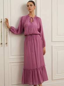 Aveloria 2 件女式褶皱效果高腰宽松舒适灯笼袖半透明系带 V 领荷叶边下摆衬衫和长裙套装，夏季/秋季 - 紫色 - 查看 5