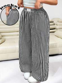 Solflare Checkered Casual Plus Size Women Flare Leg Pants Gingham Pants Black And White Gingham Pants,Back To School,Teacher Outfits, Fall Black And White Checkered Pants,Fall Clothes For Women - Black and White - View 1