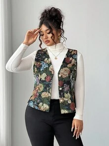 Elenzga Fashionable Vintage Plus Size Jacket Vest With Pearl Button Decor, Versatile Suitable For Gatherings, Parties, Valentine's Day - Multicolor - View 4
