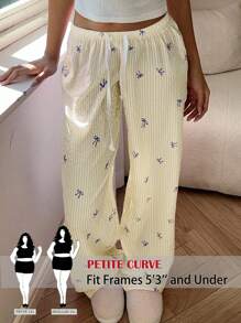 SHEIN PETITE CURVE 加大码优雅低腰性感女士舒适长裤，蝴蝶结条纹印花，百搭