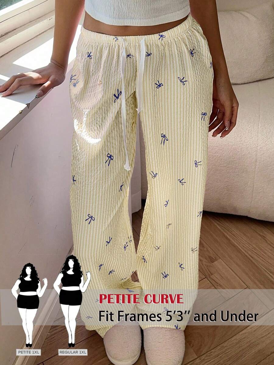 SHEIN PETITE CURVE 加大码优雅低腰性感女士舒适长裤，蝴蝶结条纹印花，百搭