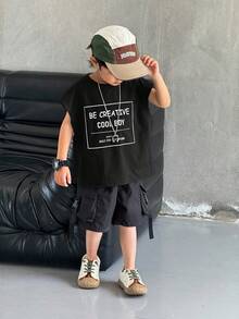 SHEIN 小男孩舒适字母拼接休闲背心，适合户外活动、学校、居家休闲和专业运动 - 黑色 - 查看 6