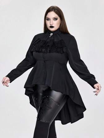 Goth Plus Size Vintage Palace Style Gothic Detachable Ruffle Tie Collar, Baroque Crystal Pendant, Bell Ruffle Sleeve, Waist Tie Women Blouse