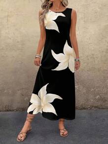 EMERY ROSE 大码女式休闲花卉印花圆领长裙，适合夏季