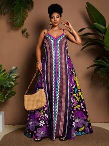 Maweii Vestido largo bohemio con tirantes, cuello en V y estampado colorido para mujer talla grande, nuevo diseño para vacaciones de primavera/verano