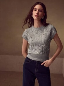 MOTF PREMIUM 仿珍珠细节修身宽下摆针织上衣 针织套头衫 秋冬 - 淺灰色 - 查看 5