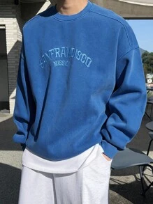 DAZY Men's Autumn Letter Embroidery Pullover Baggy Sweatshirt - Blue - View 8