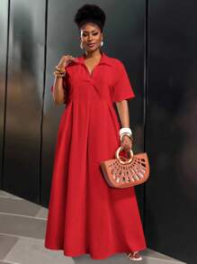 Slaydiva 春夏新款度假通勤休闲白色宽松短袖V领褶皱A字长款衬衫裙，大码女装 - 紅色 - 查看 3