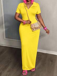 Slaydiva Vestido de manga corta con cuello polo, ajustado, elástico, minimalista, versátil y casual para uso diario en verano, talla grande para mujer