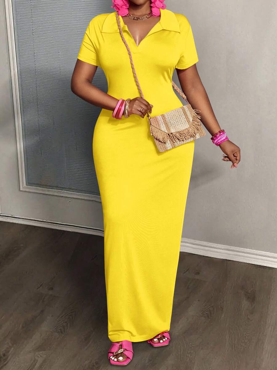 Slaydiva Vestido de manga corta con cuello polo, ajustado, elástico, minimalista, versátil y casual para uso diario en verano, talla grande para mujer