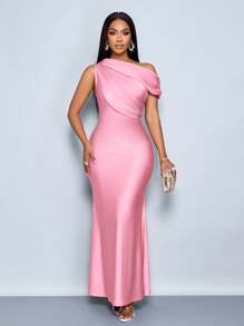 SOLERSUN 夏季女士婚礼派对优雅杏色针织亮面面料不对称露肩无袖拼接收腰修身鱼尾裙摆长裙