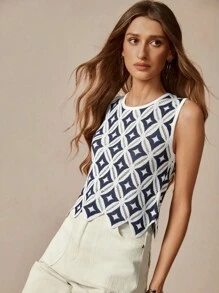 Florisole 夏季波西米亚风无袖菱形网眼针织上衣针织套头衫秋冬 - 藏蓝色 - 查看 4