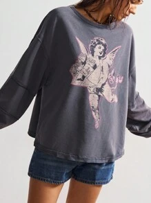 Bohemela Moletom feminino casual de malha com gola redonda, cor sólida, solto e lavado, grande, outono/inverno