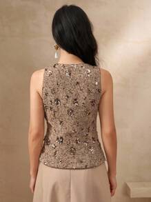 DAZY 优雅通勤亮片V领无袖女式衬衫，奢华外出上衣，闪亮嘉年华上衣 - 卡其色 - 查看 2