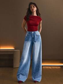 Selenza Women's Distressed Diamond Rivet Decor Wide-Leg Jeans