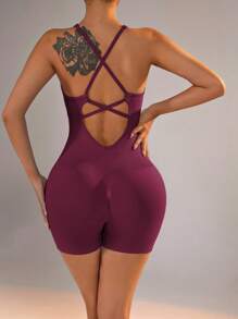 Slayform Women's Solid Color Criss-Cross Back Strap Yoga Sports Romper Workout Bodysuit Women Seamless Workout Jumpsuits Bodysuits For Women Tummy Control Yoga One Piece One Piece Workout Jumpsuit Yoga Bodysuit Yoga Jumpsuit Bodysuit Tummy Control One Piece Workout Set Tummy Control Bodysuit - Bold Plum - View 2