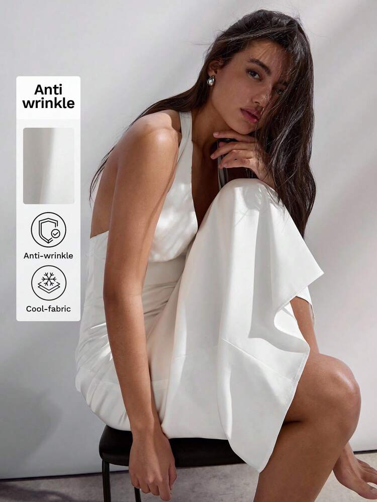 SHEIN Maija White V-Neck Halter Backless Design Midi Dress, Fitted & Elegant, High-Quality Chic Autumn/Winter Versatile Outerwear, Halloween,Fall Dresses For Women, Christmas Women's Clothing Party Outfit