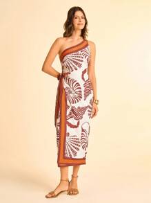 CAJUNI 女士度假棕色和橙色撞色饰边贝壳印花扭纹后背褶饰系带连衣裙，适合暑假、约会、派对、海滩、返校 - 彩色 - 查看 3