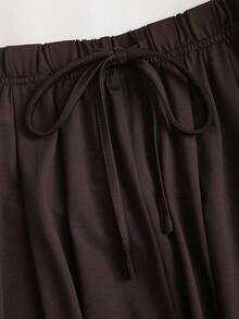 Sweetra Women's Coffee Color Asymmetrical Neck Long Sleeve Top & Minimalist Drawstring Waist Casual Pants, Summer Fall Cloth For Women - Coffee Brown - View 7