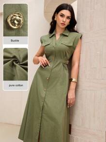 SHEIN Lacomfia 女式V领无袖金属扣腰收腰中长连衣裙 - 軍綠色 - 查看 4